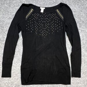 Cache Black Rhinestone Heart Zipper Shoulder Long Sleeve Sweater Goth Lite Small